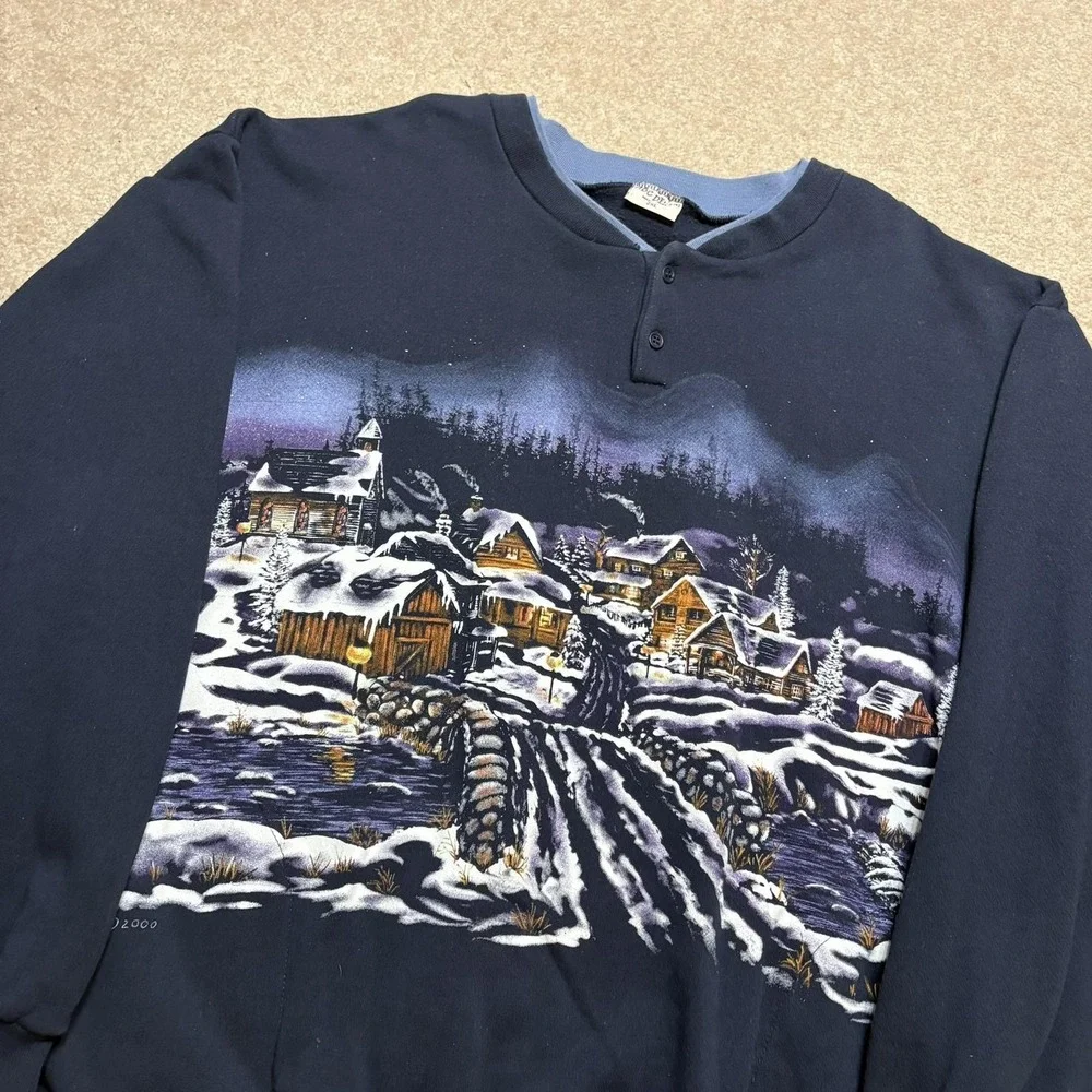 Vtg Winter Village AOP Sweatshirt Mens 2XL Blue Henley Christmas Snow Scene Cozy